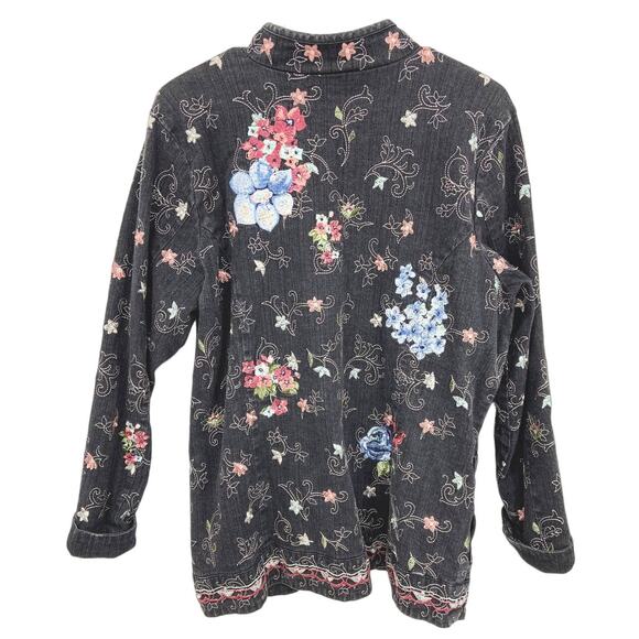 Denim & Co Womens Floral Embroidered Gray Boho Collared Jacket Size L - Picture 4 of 8
